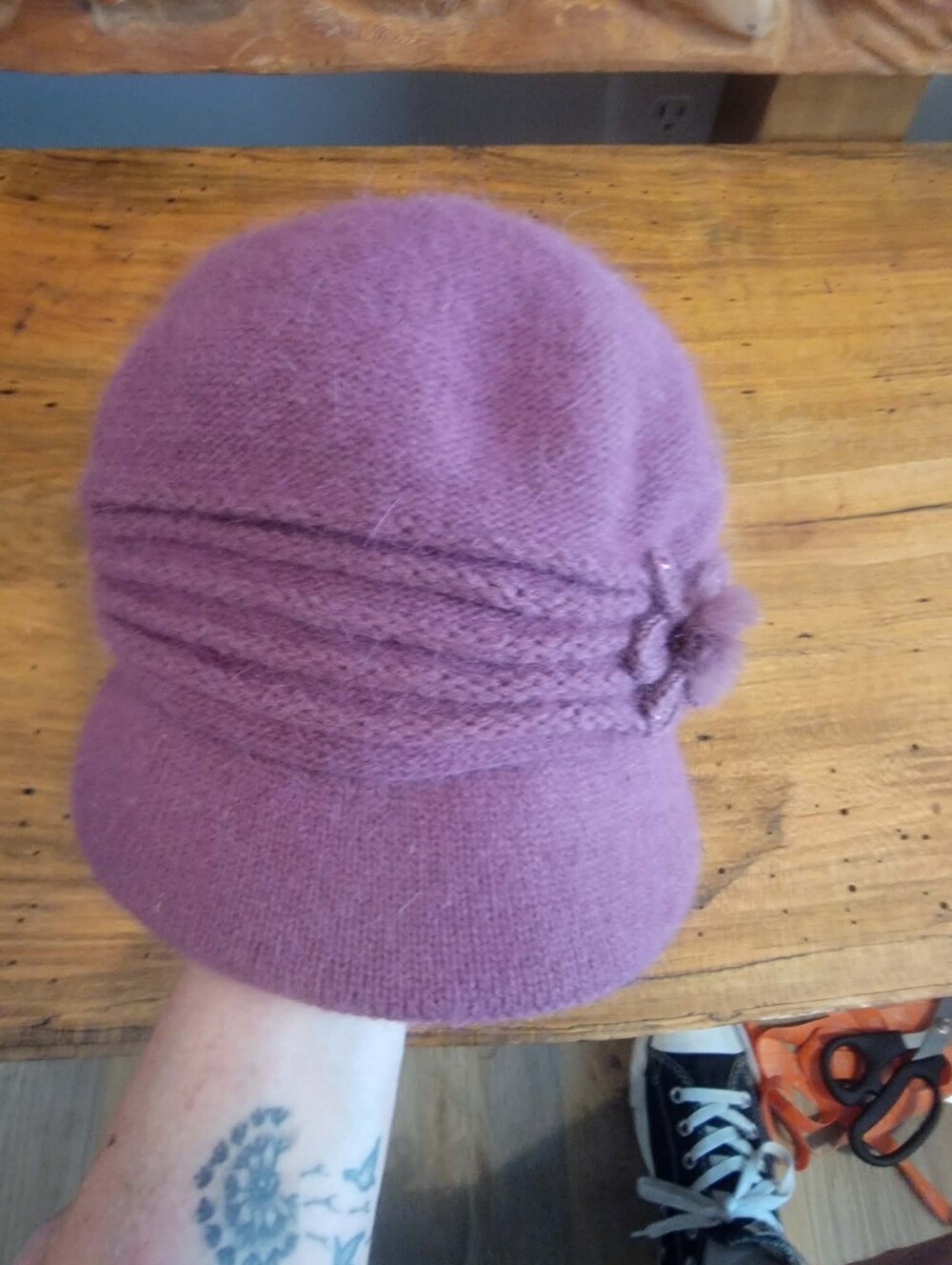 No Brand Tag...Magenta Pink 22" Diamter Wool Blend Cloche Hat w/Floral Accent